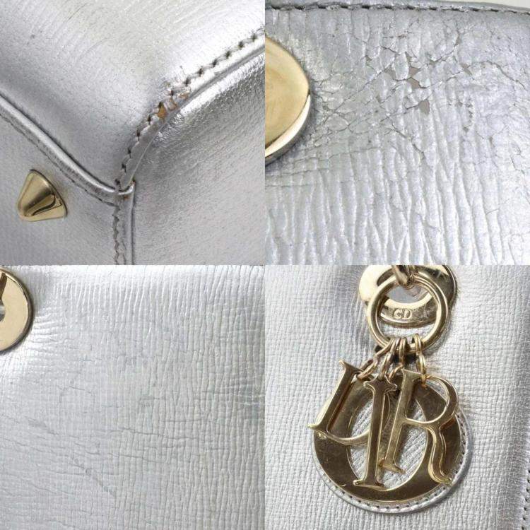 Pre Owned Dior Metallic Silver Leather Medium Lady Dior Tote Bag