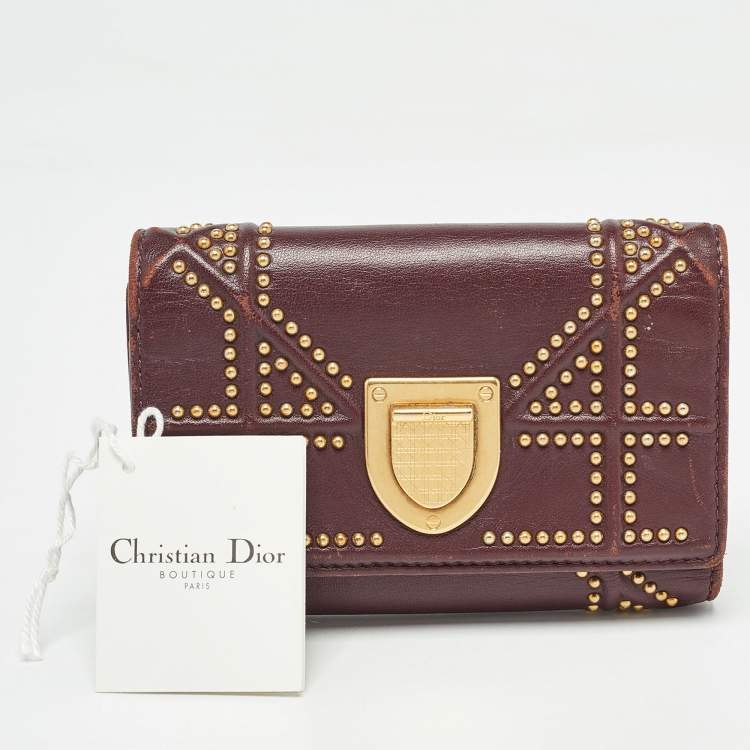 Pre Owned Dior Burgundy Leather Studded Diorama Trifold Wallet
