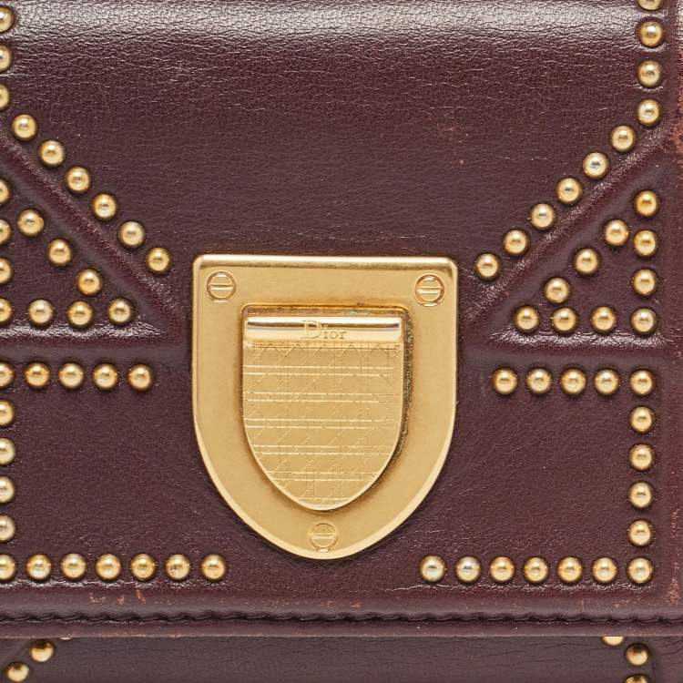 Pre Owned Dior Burgundy Leather Studded Diorama Trifold Wallet