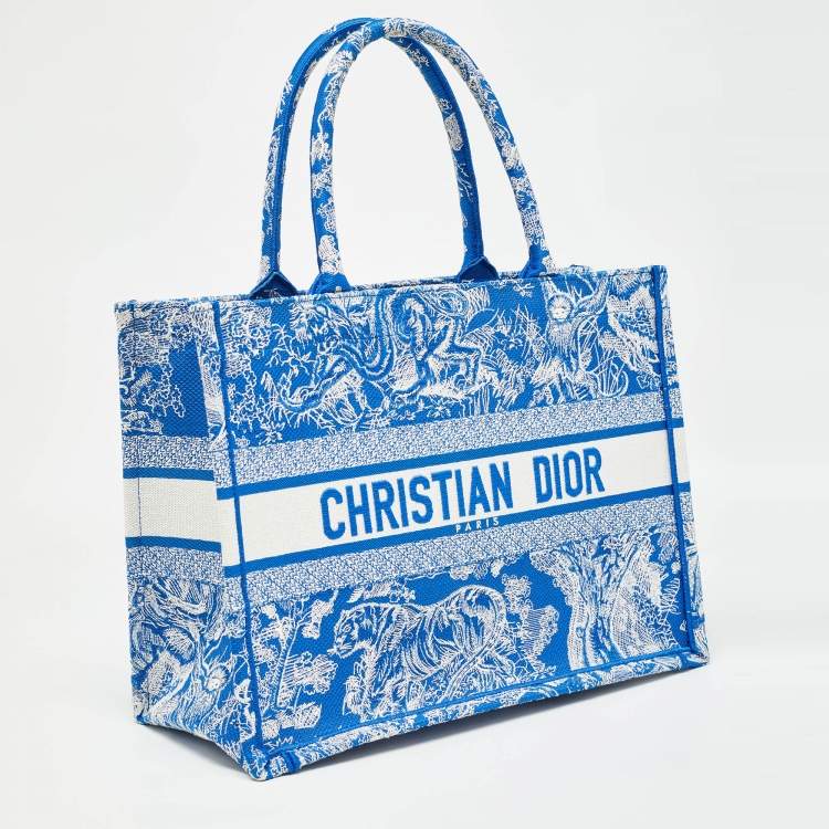 Pre Owned Dior Blue/White Embroidered Canvas Medium Toile de Jouy Book Tote 