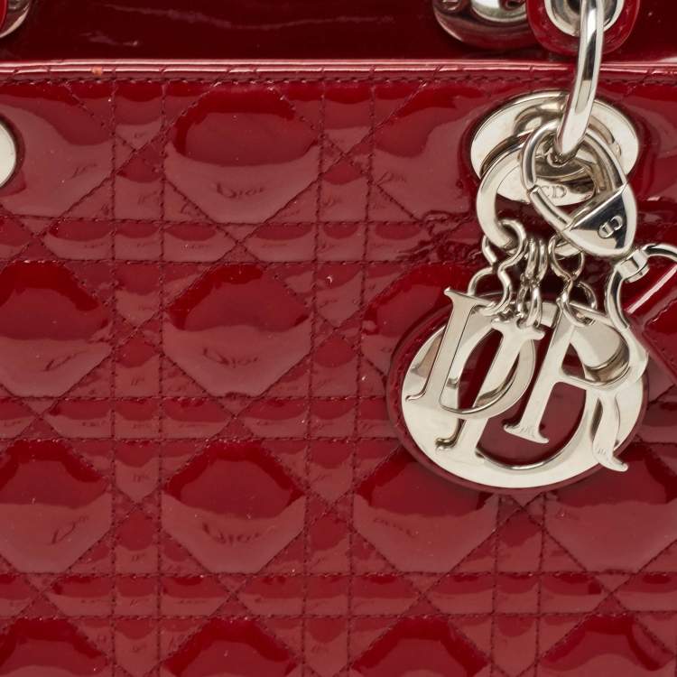 Pre Owned Dior Red Cannage Patent Leather Medium Lady Dior Tote