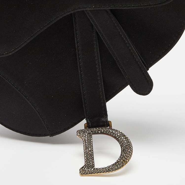 Pre Owned Dior Black Satin Mini Crystal Embellished Saddle Bag