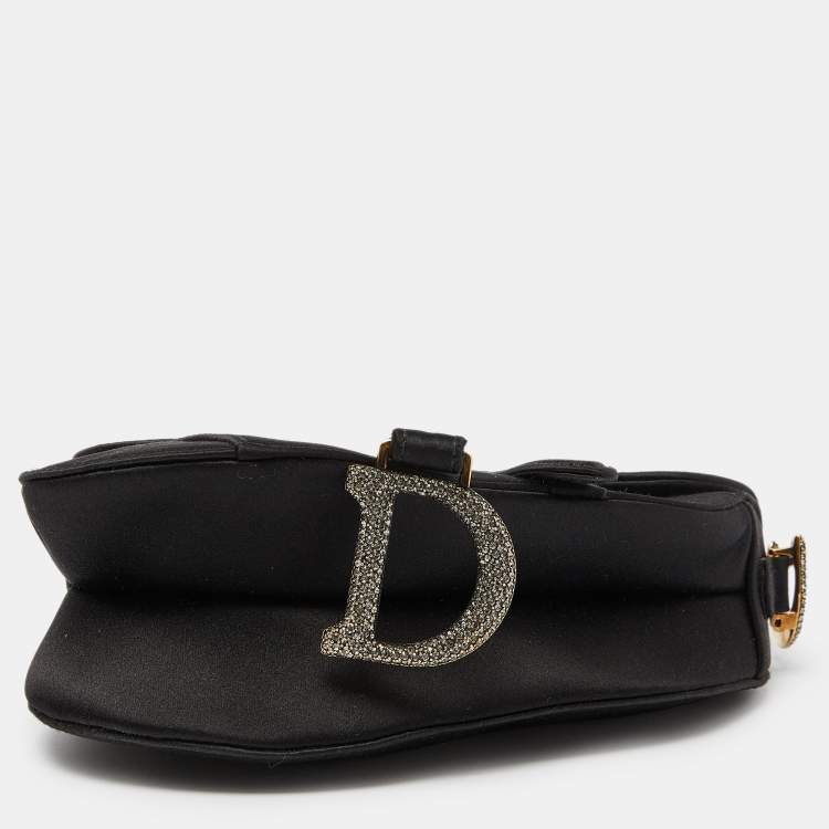 Pre Owned Dior Black Satin Mini Crystal Embellished Saddle Bag