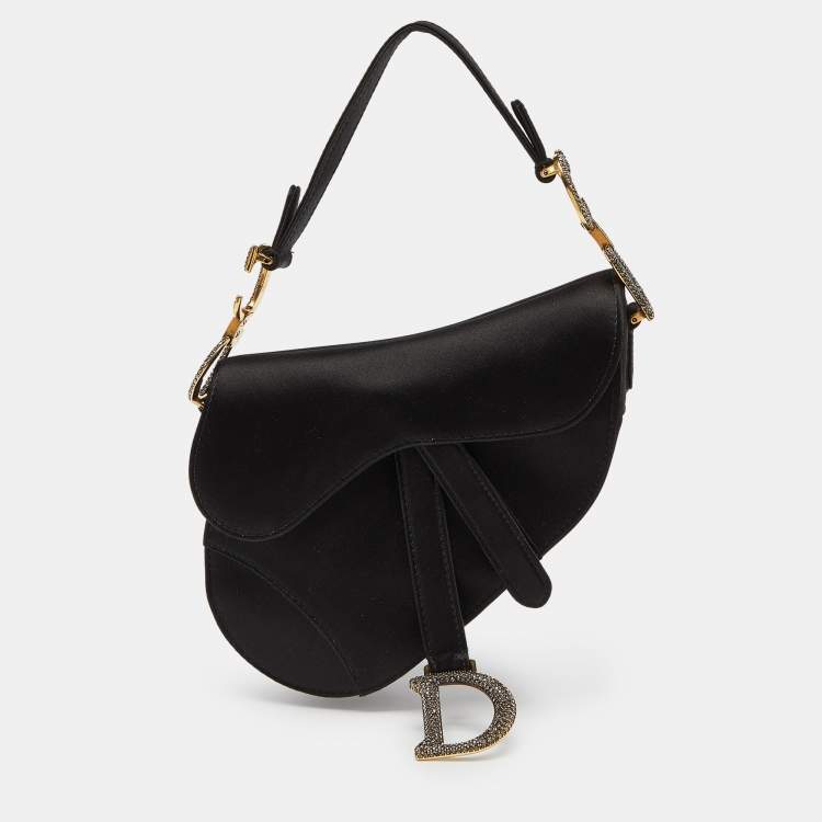Pre Owned Dior Black Satin Mini Crystal Embellished Saddle Bag