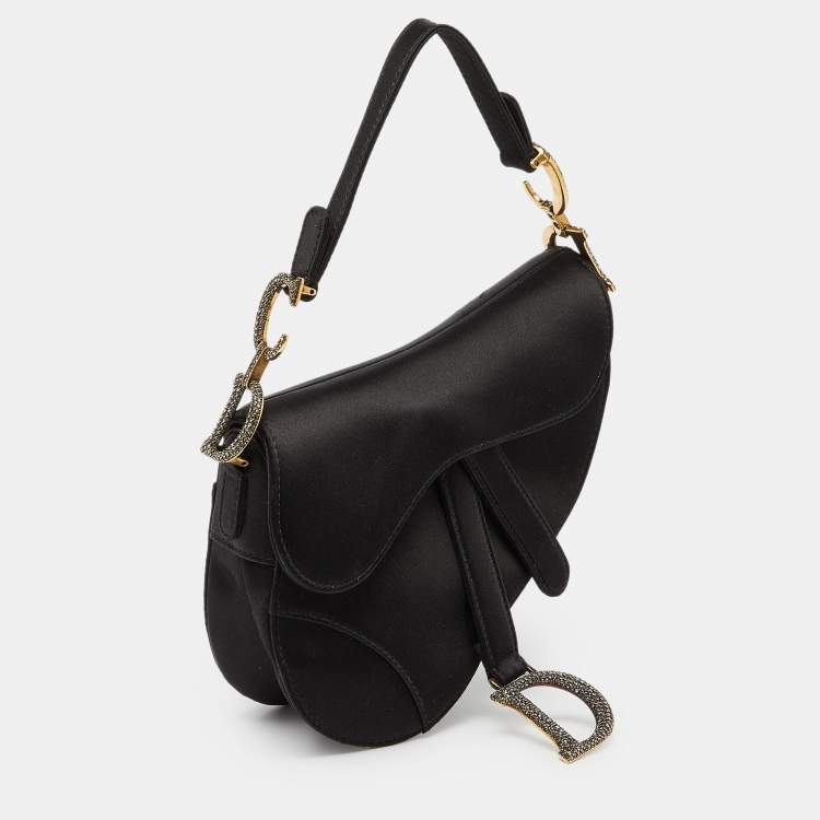 Pre Owned Dior Black Satin Mini Crystal Embellished Saddle Bag