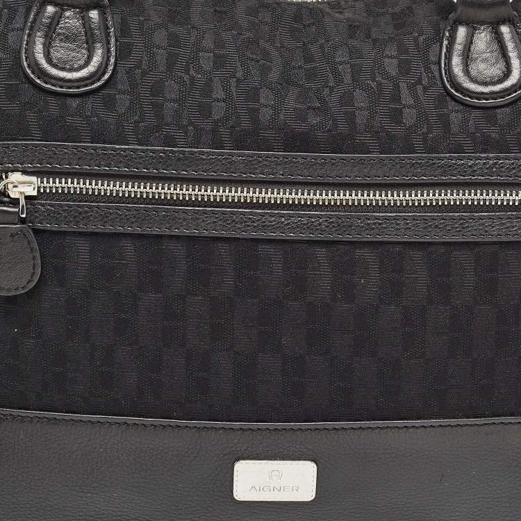 Pre Owned Aigner Black Monogram Canvas and Leather Front Pocket Tote