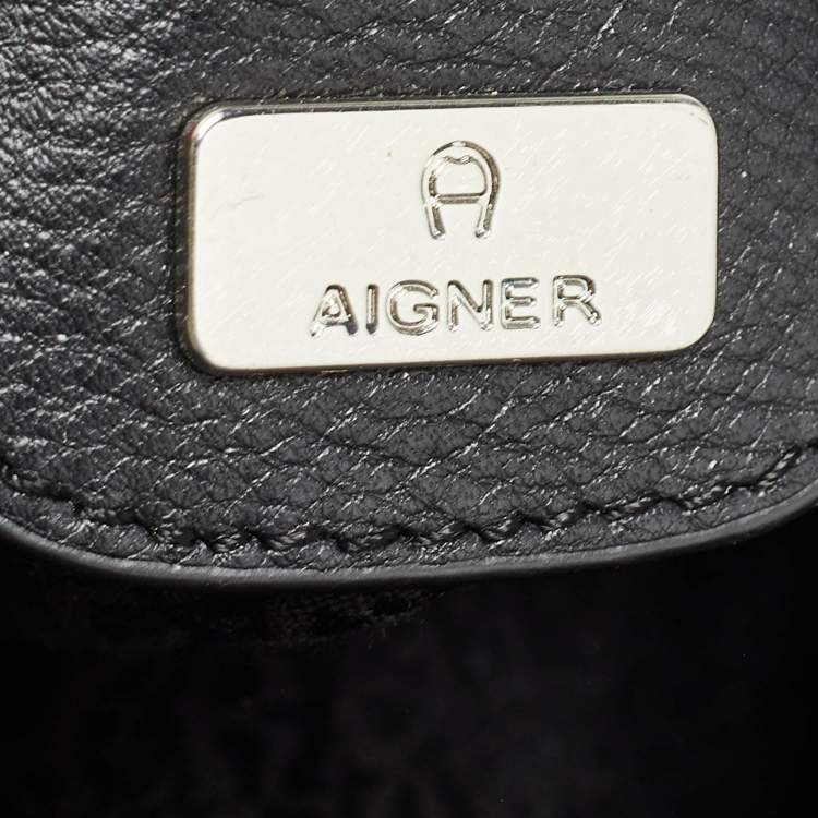 Pre Owned Aigner Black Monogram Canvas and Leather Front Pocket Tote