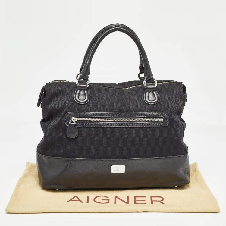 Pre Owned Aigner Black Monogram Canvas and Leather Front Pocket Tote