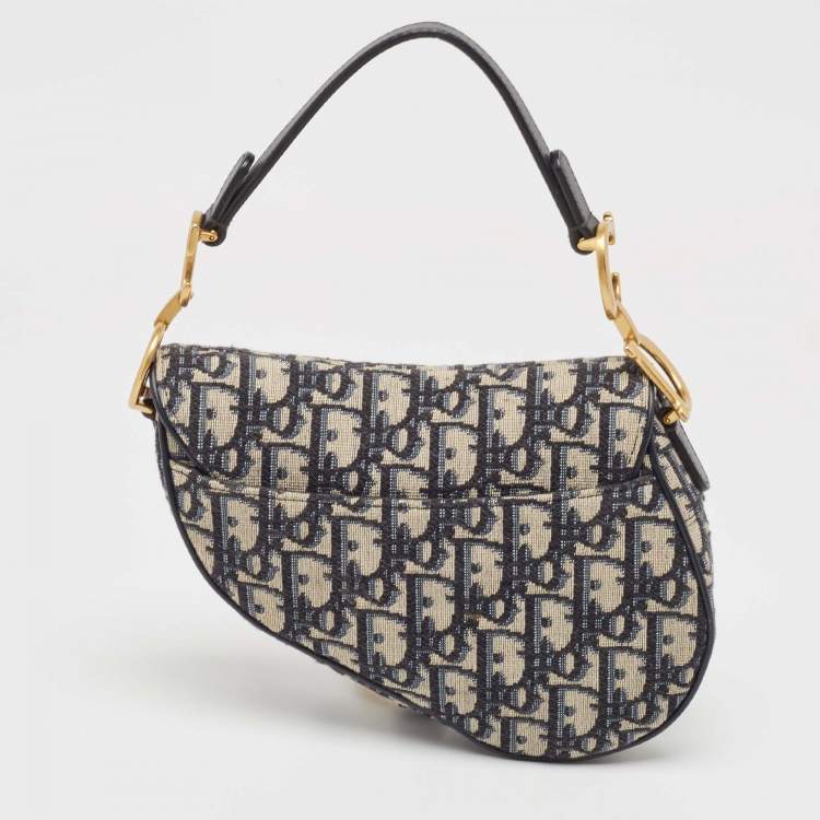 Pre Owned Dior Navy Blue Oblique Canvas and Leather Mini Saddle Bag