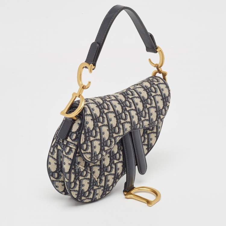Pre Owned Dior Navy Blue Oblique Canvas and Leather Mini Saddle Bag