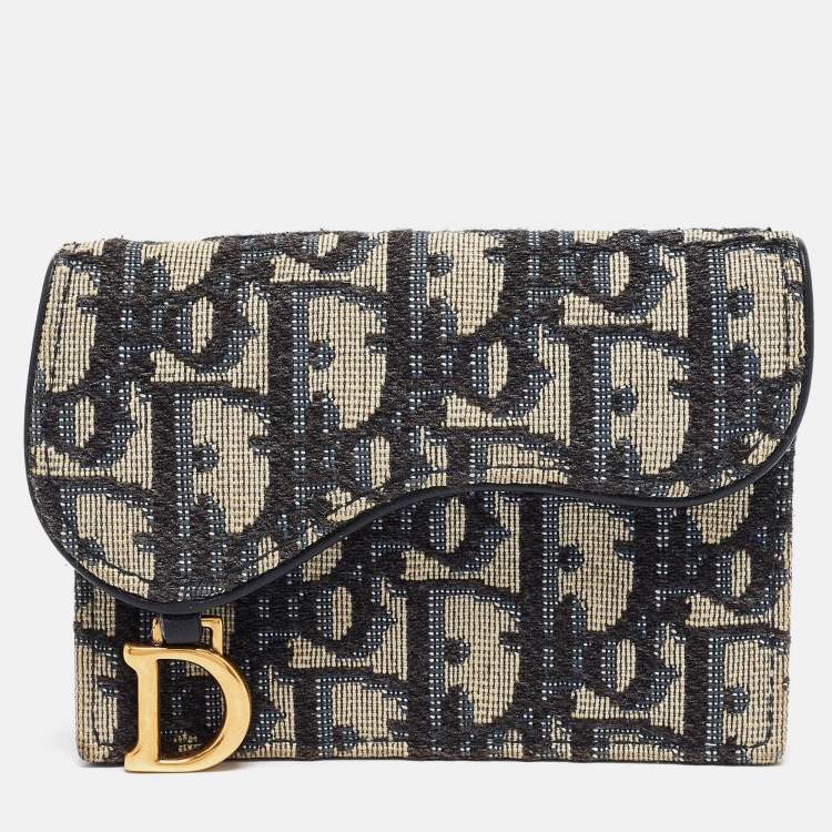 Pre Owned Dior Blue Oblique Canvas Saddle Flap Card Holder