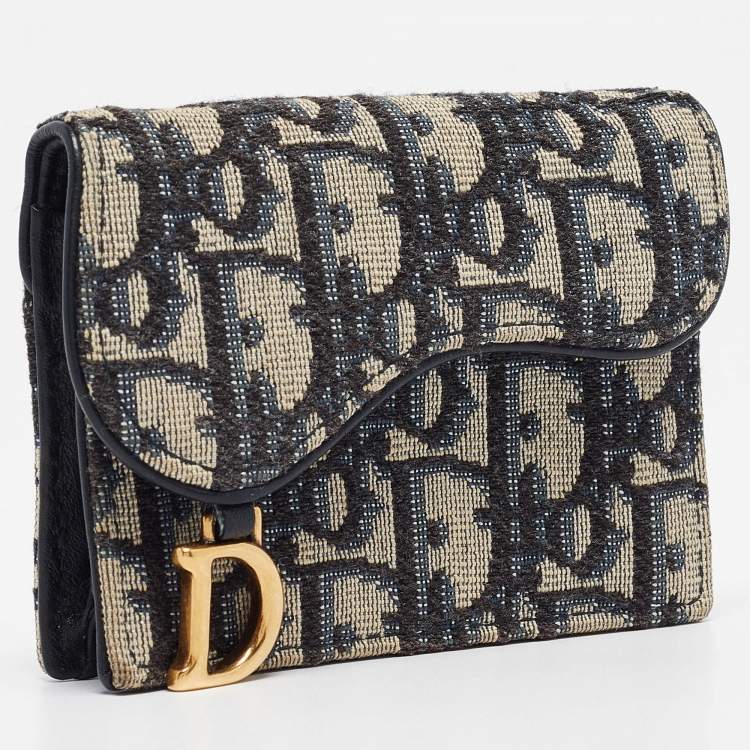 Pre Owned Dior Blue Oblique Canvas Saddle Flap Card Holder