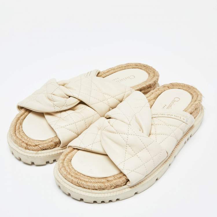 Pre Owned Dior Cream Quilted Leather D-Twist Espadrille Flat Slides Size 38.5