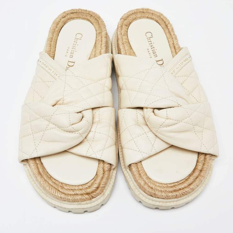 Pre Owned Dior Cream Quilted Leather D-Twist Espadrille Flat Slides Size 38.5