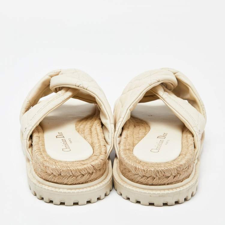 Pre Owned Dior Cream Quilted Leather D-Twist Espadrille Flat Slides Size 38.5