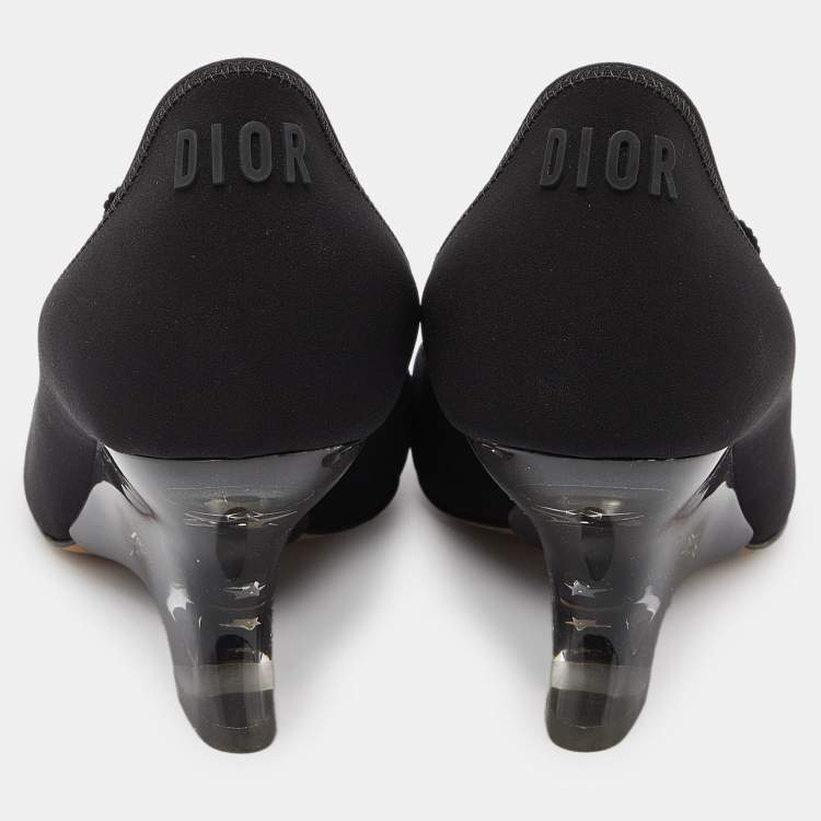 Pre Owned Dior Black Neoprene Lucite Etoile Ankle Wrap Wedge Pumps Size 38