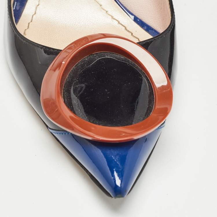 Pre Owned Dior Black/Blue Patent Pointed Toe Block Heel Pumps Size 37.5
