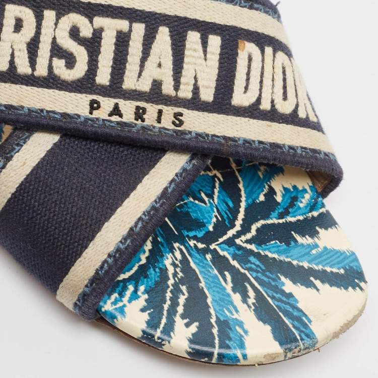 Pre Owned Dior Blue/White Canvas Dway Criss Cross Slide Sandals Size 37 