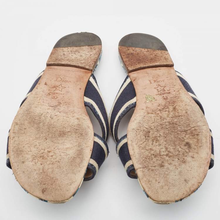 Pre Owned Dior Blue/White Canvas Dway Criss Cross Slide Sandals Size 37 