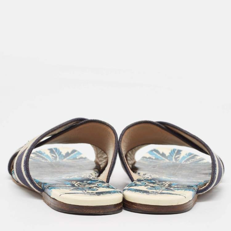 Pre Owned Dior Blue/White Canvas Dway Criss Cross Slide Sandals Size 37 