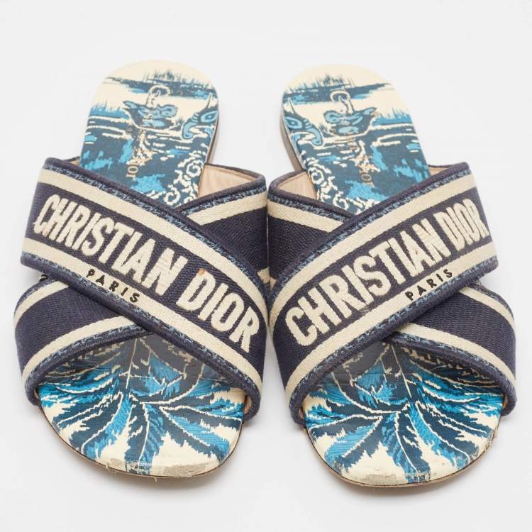 Pre Owned Dior Blue/White Canvas Dway Criss Cross Slide Sandals Size 37 