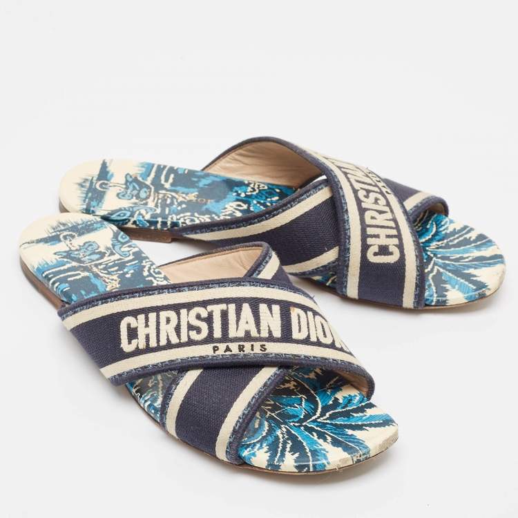 Pre Owned Dior Blue/White Canvas Dway Criss Cross Slide Sandals Size 37 