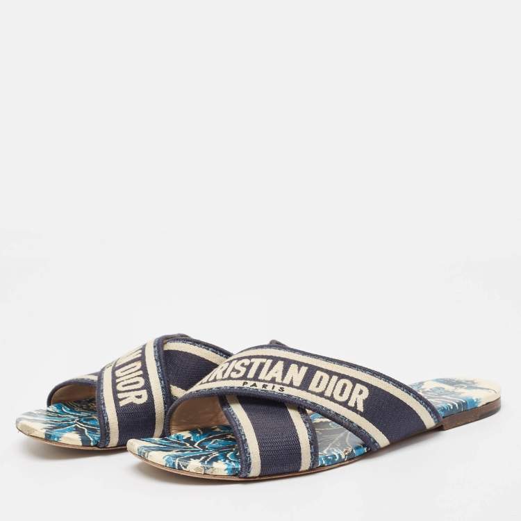Pre Owned Dior Blue/White Canvas Dway Criss Cross Slide Sandals Size 37 