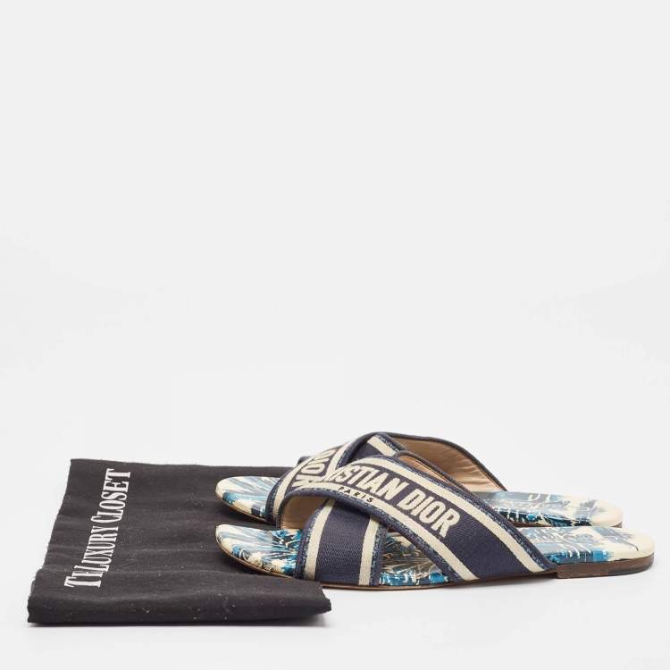 Pre Owned Dior Blue/White Canvas Dway Criss Cross Slide Sandals Size 37 