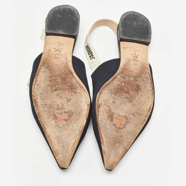 Pre Owned Dior Black/White Fabric J'Adior Slingback Flats Size 39.5