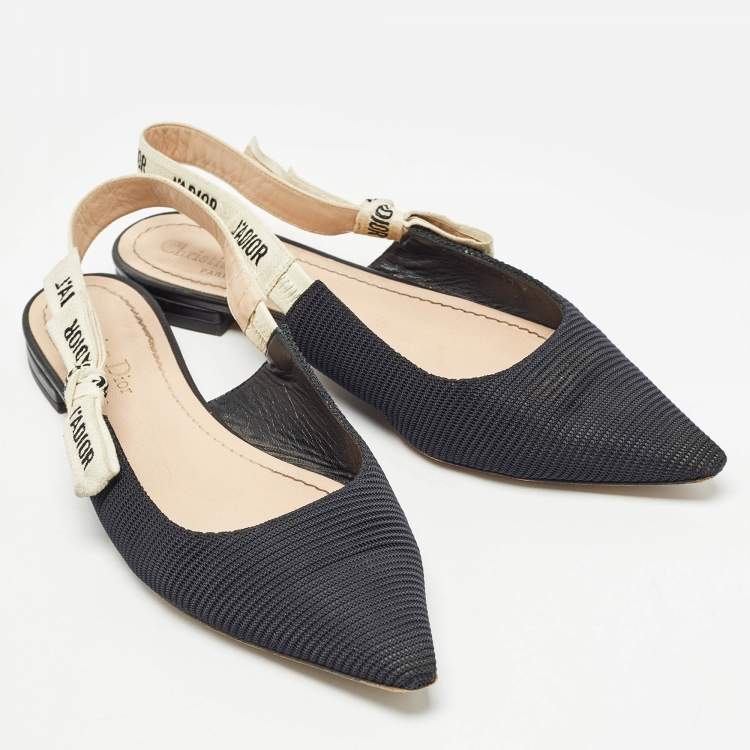 Pre Owned Dior Black/White Fabric J'Adior Slingback Flats Size 39.5