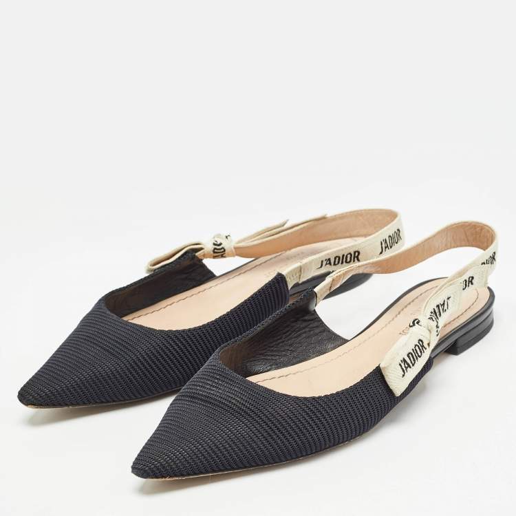 Pre Owned Dior Black/White Fabric J'Adior Slingback Flats Size 39.5