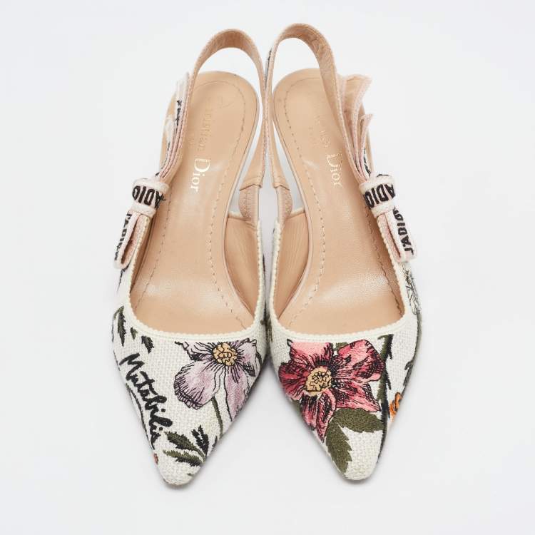 Pre Owned Dior White Floral Embroidered Canvas J'adior Slingback Pumps Size 36