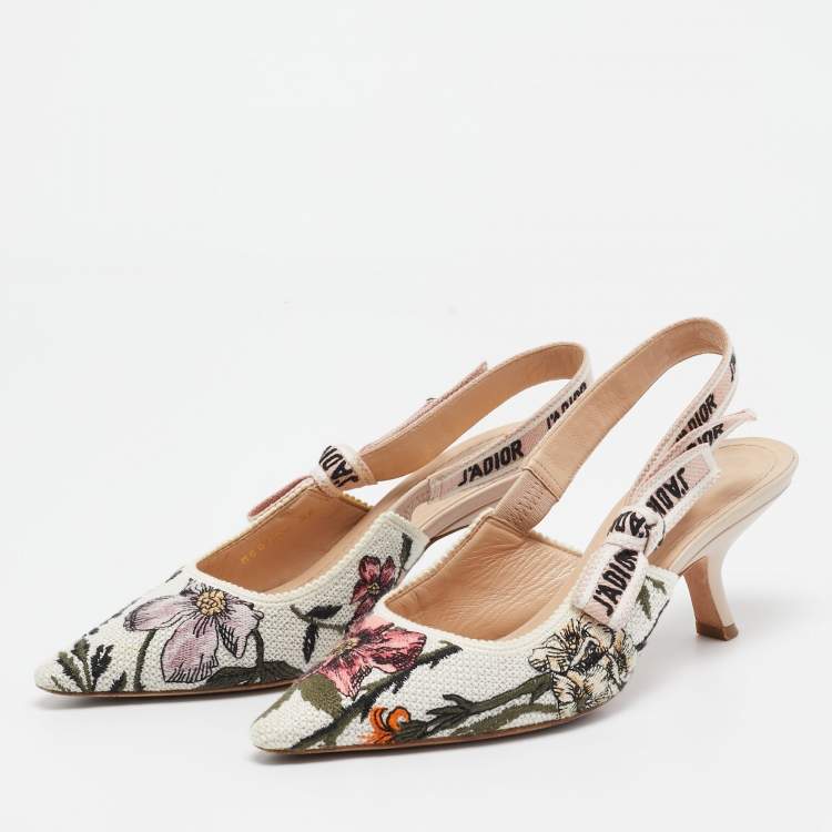 Dior White Floral Embroidered Canvas J'adior Slingback Pumps
