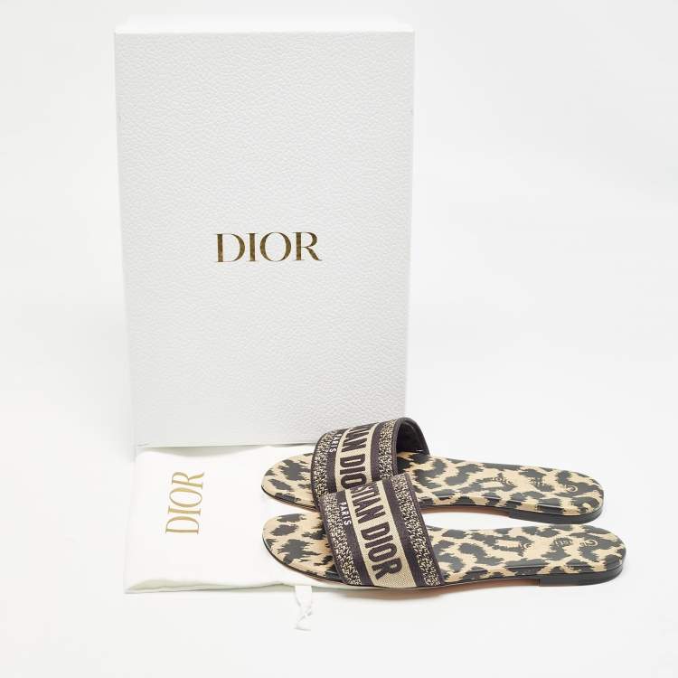 Pre Owned Dior Black/Beige Logo Embroidered Canvas Dway Flat Slides Size 37.5