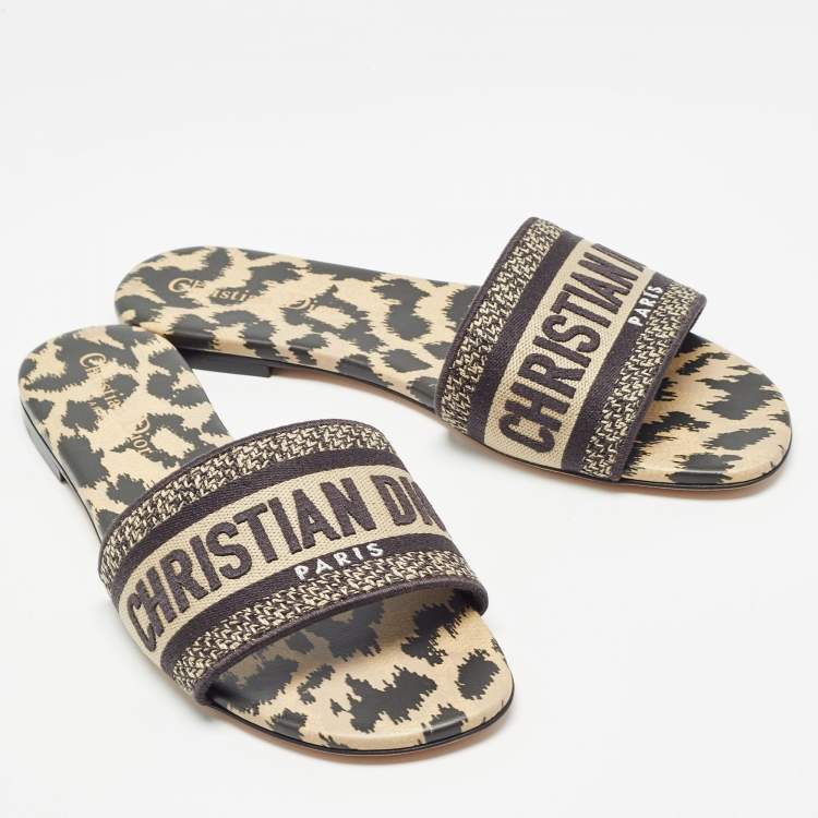 Pre Owned Dior Black/Beige Logo Embroidered Canvas Dway Flat Slides Size 37.5