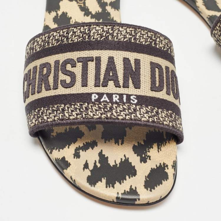 Pre Owned Dior Black/Beige Logo Embroidered Canvas Dway Flat Slides Size 37.5