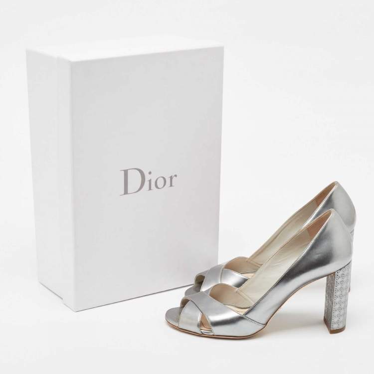 Pre Owned Dior Silver Leather Crisscross Cannage Heel Peep Toe Pumps Size 37