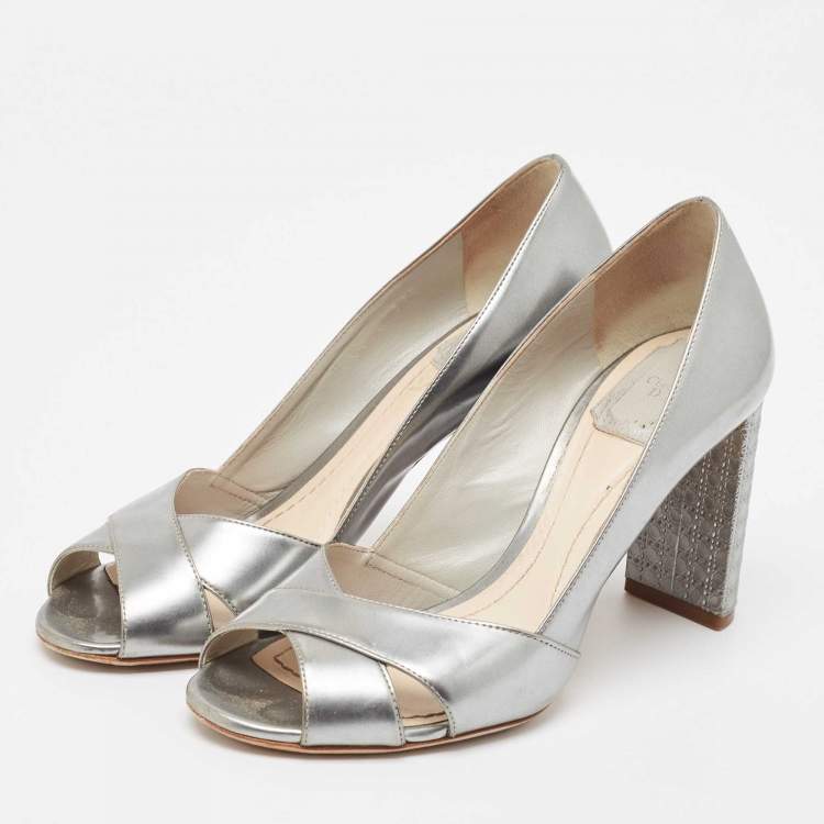 Pre Owned Dior Silver Leather Crisscross Cannage Heel Peep Toe Pumps Size 37