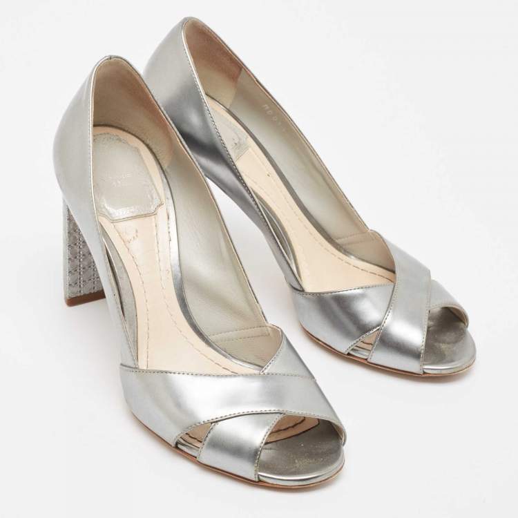 Pre Owned Dior Silver Leather Crisscross Cannage Heel Peep Toe Pumps Size 37