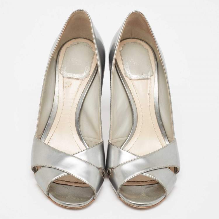 Pre Owned Dior Silver Leather Crisscross Cannage Heel Peep Toe Pumps Size 37