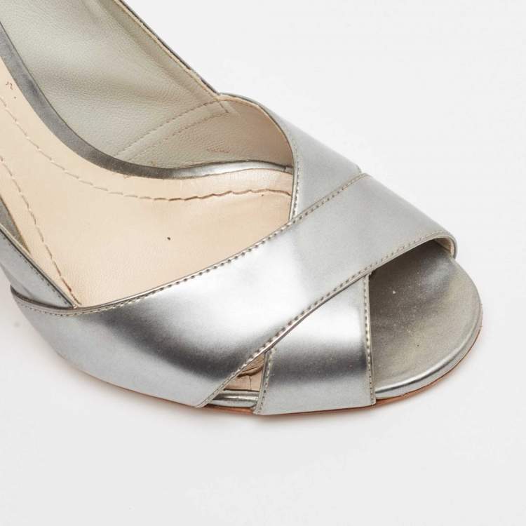 Pre Owned Dior Silver Leather Crisscross Cannage Heel Peep Toe Pumps Size 37