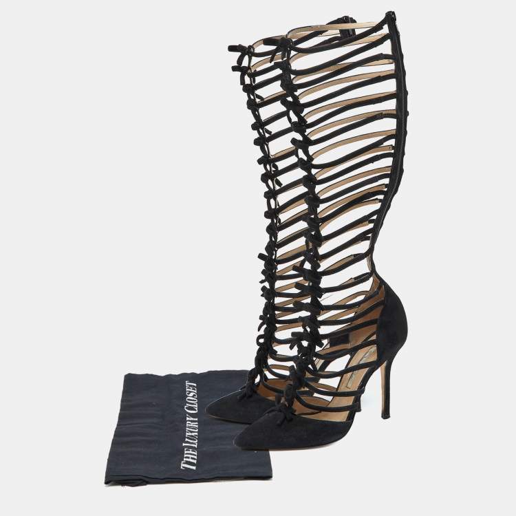 Pre Owned Oscar de la Renta Black Suede Lace-Up Knee High Gladiator Boots Size 39