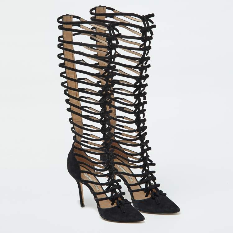 Pre Owned Oscar de la Renta Black Suede Lace-Up Knee High Gladiator Boots Size 39