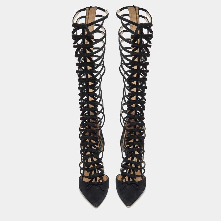 Pre Owned Oscar de la Renta Black Suede Lace-Up Knee High Gladiator Boots Size 39