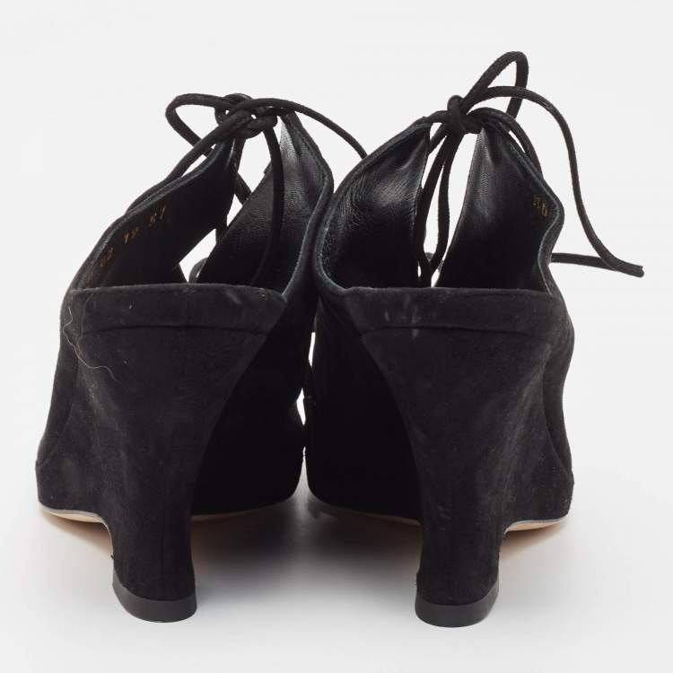 Pre Owned Dior Black Suede Wedge Lace Up Sandals Size 37