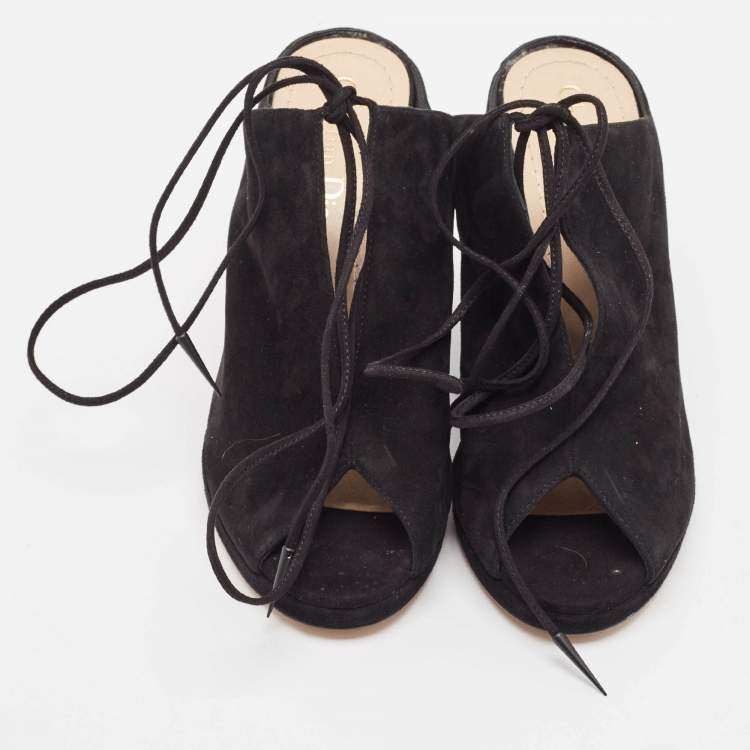 Pre Owned Dior Black Suede Wedge Lace Up Sandals Size 37