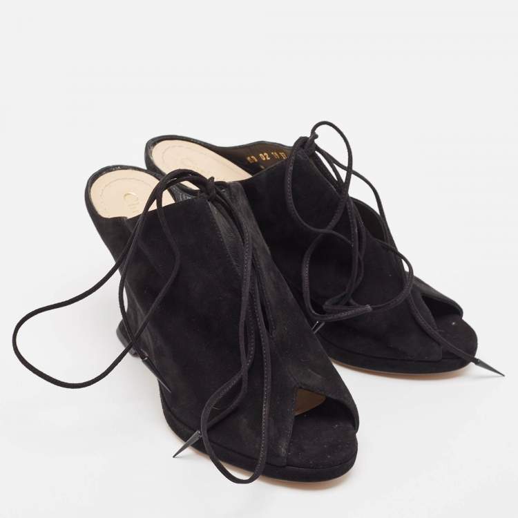 Pre Owned Dior Black Suede Wedge Lace Up Sandals Size 37