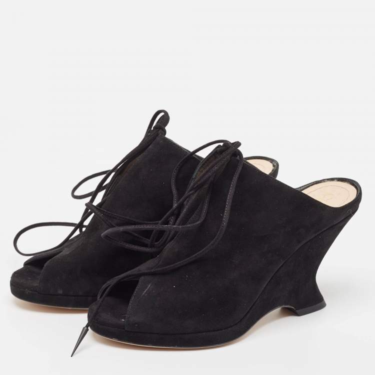 Pre Owned Dior Black Suede Wedge Lace Up Sandals Size 37