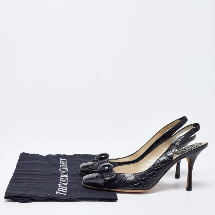 Pre Owned Dior Black Croc Embossed Leather Slingback Pumps Size 37.5