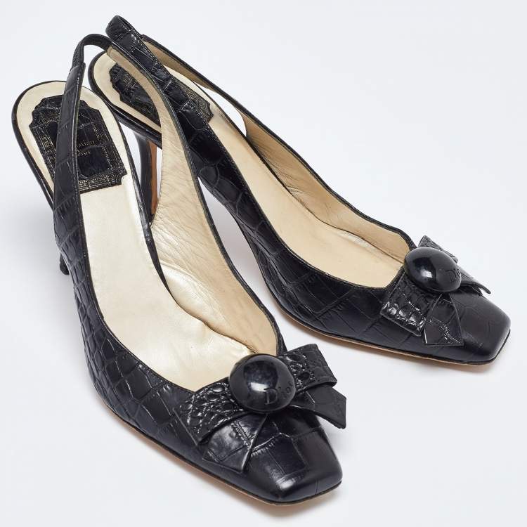Pre Owned Dior Black Croc Embossed Leather Slingback Pumps Size 37.5